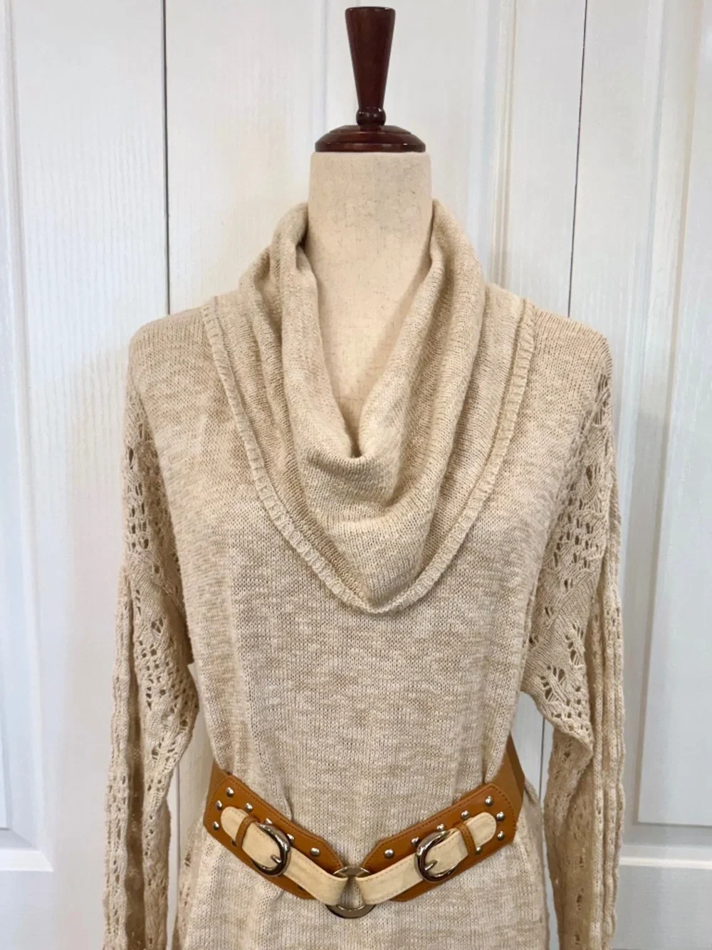 Chico's Women's Size 2 (12-14) Beige Mixed Knit Boho Sweater, Crochet Sleeve